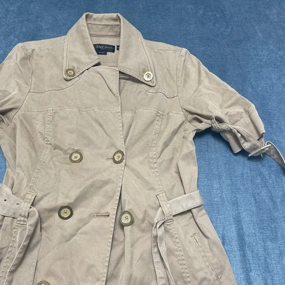 Y2K GUESS Jeans Trench Coat Women Large Khaki Cotton Outdoor Double Breasted - Picture 5 of 16